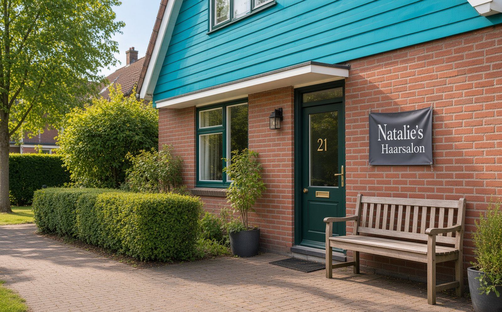 De ingang van Natalie's Haarsalon in Alkmaar, met vlag en bankje voor de deur