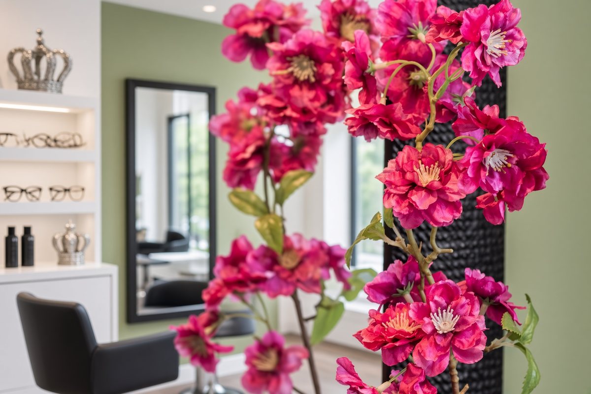 Stylingstoel, groene muur en bloemen in Natalie's Haarsalon in Alkmaar