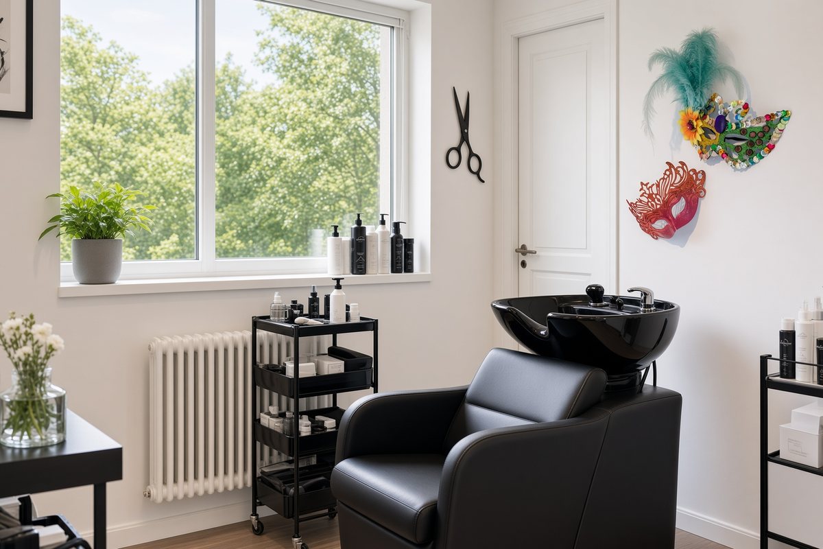 Wasbak en stoel bij het raam in Natalie's Haarsalon